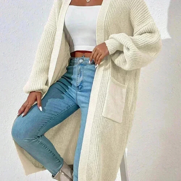 Beige Casual Women's Dual Pocket Drop Shoulder Open Front Cardigan - Picture 6 of 8